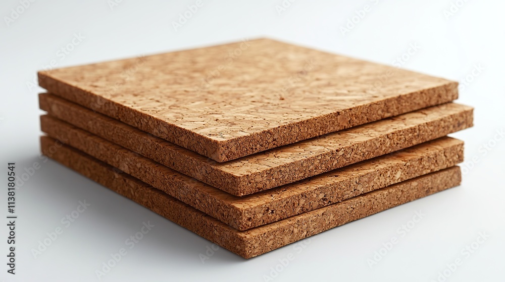 Stack of four square cork tiles on white background. Stack of four square cork tiles on white background.