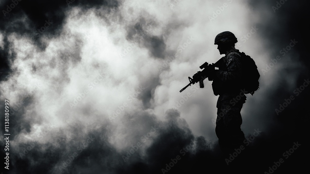 Silhouette of a Soldier Holding Rifle Against Dramatic Smoke and Clouds, Military Concept of Strength, Courage, and Tactical Readiness Silhouette of a Soldier Holding Rifle Against Dramatic Smoke and Clouds, Military Concept of Strength, Courage, and Tactical Readiness