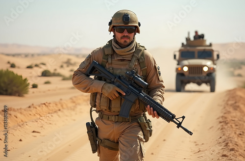 A soldier in full combat gear walking cautiously through a desert landscape, holding an assault rifle and scanning the horizon for threats