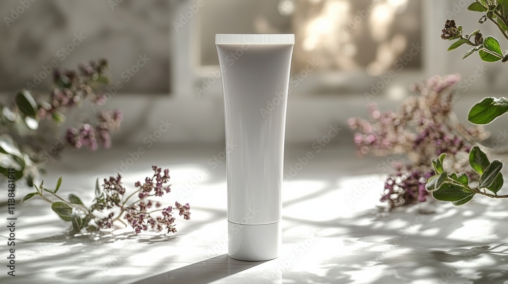 Fototapeta premium Mockup template of cosmetic tube cream 50ml on gray concrete stone background minimalist with dried flowers. Natural hard lighting and shadows