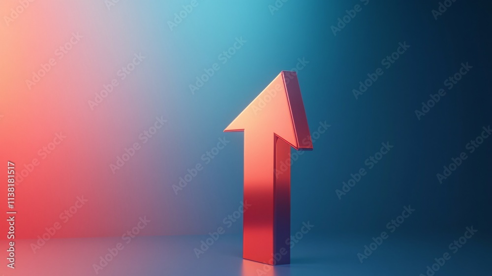 Red metallic arrow pointing upward on gradient background Red metallic arrow pointing upward on gradient background