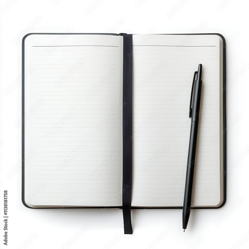 Open notebook with a black pen on white background, ready for writing. Open notebook with a black pen on white background, ready for writing.