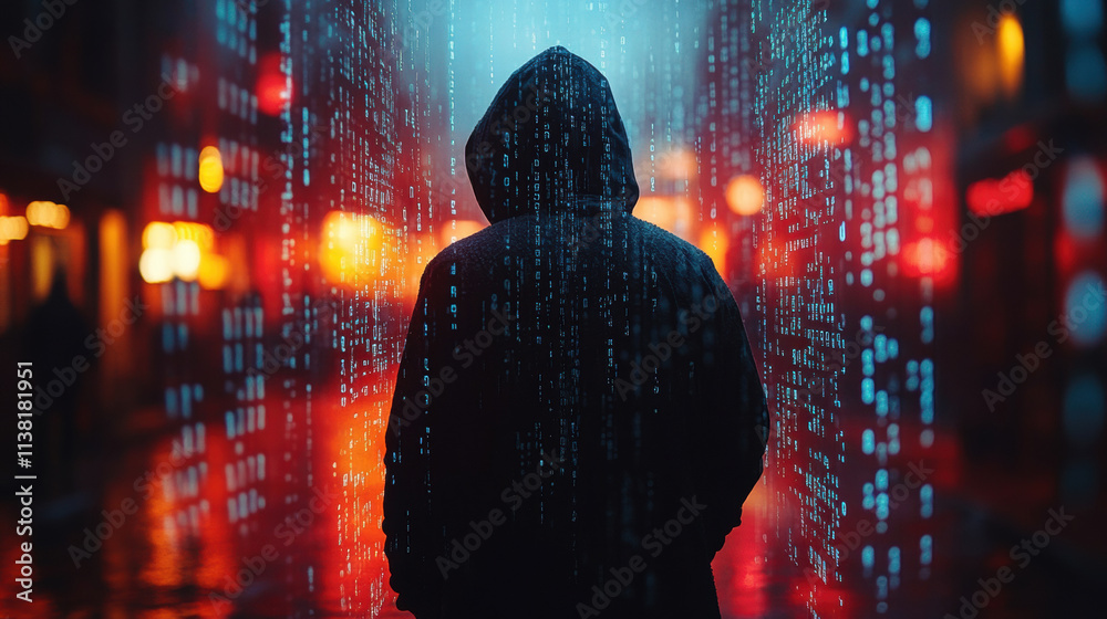 hooded figure stands in dimly lit urban setting, surrounded by glowing digital code hooded figure stands in dimly lit urban setting, surrounded by glowing digital code