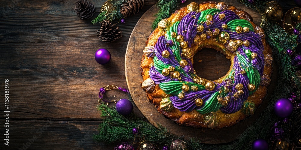 Fototapeta premium Festive Mardi Gras King Cake on Rustic Wooden Table