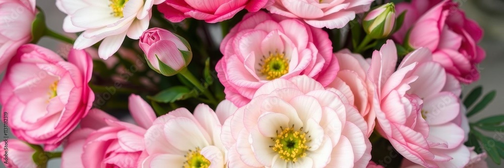Close-up shot of beautiful pink and white ranunculus flowers in full bloom, bouquet, nature, decorative Close-up shot of beautiful pink and white ranunculus flowers in full bloom, bouquet, nature, decorative