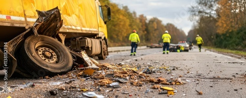 A truck accident scene on a highway, featuring debris on the road and emergency responders in bright vests assessing the situation.