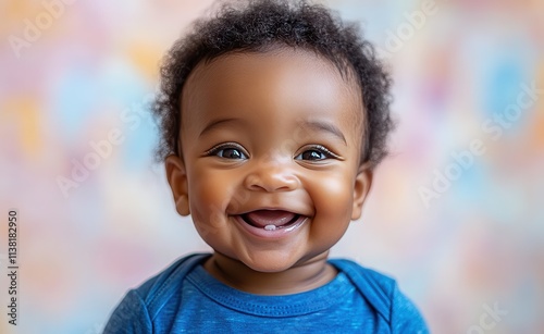 Africa American young boy with hair and a t-shirt is smiling