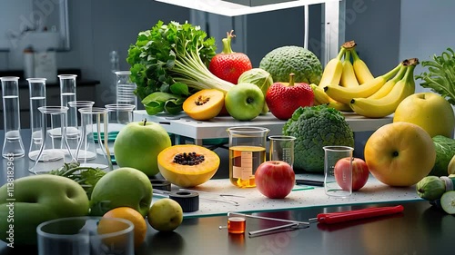 Fresh Fruits and Vegetables on Laboratory Table with Glassware for Food Testing and Research

 photo