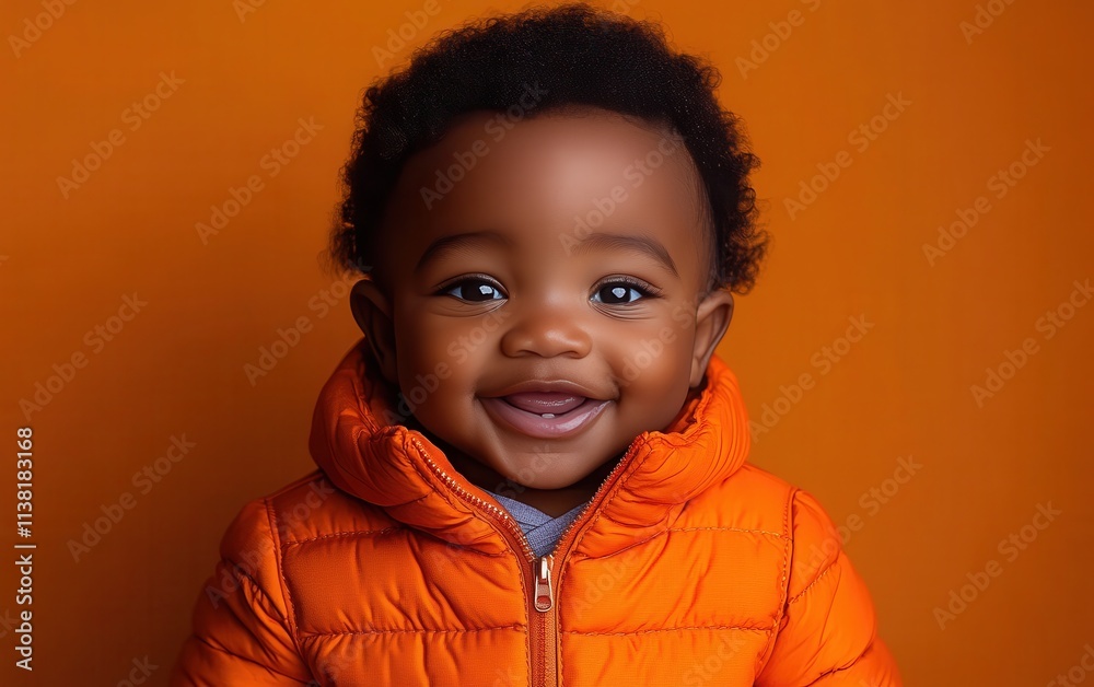 A smiling baby wearing an orange jacket A smiling baby wearing an orange jacket