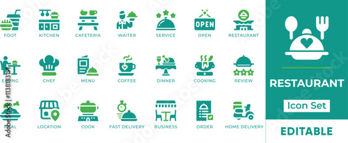 Restaurant Icon Set. Features editable icons for restaurant symbols, food, dining, cafe, kitchen, service, and menu. Perfect for restaurant websites, food delivery apps, and culinary businesses.