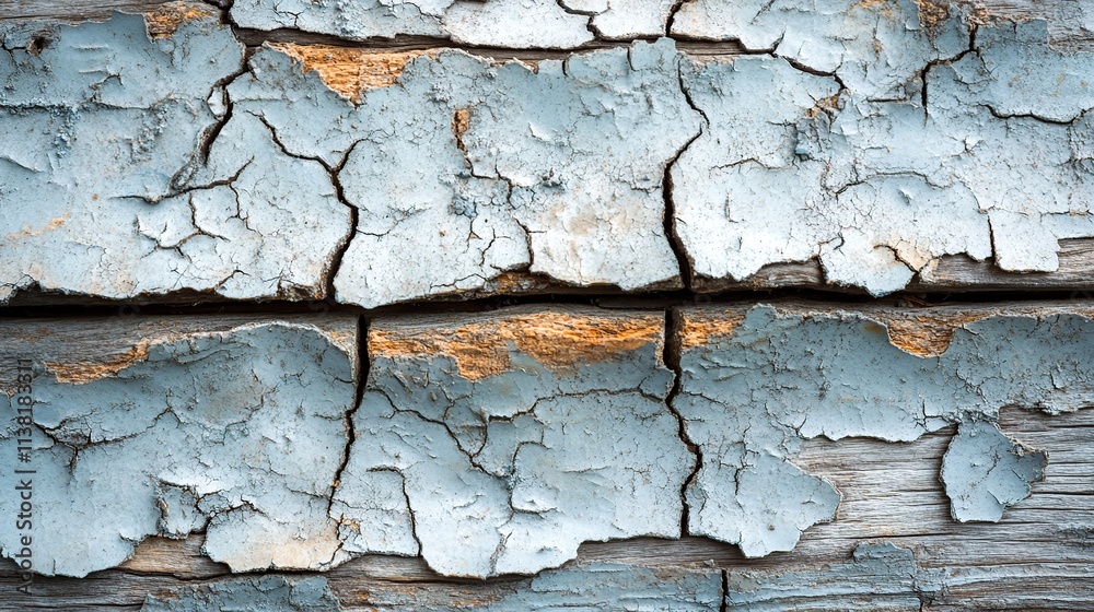 Close-up of cracked, peeling light blue paint on weathered wood. Close-up of cracked, peeling light blue paint on weathered wood.