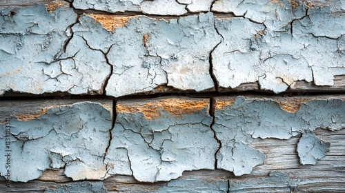 Close-up of cracked, peeling light blue paint on weathered wood.