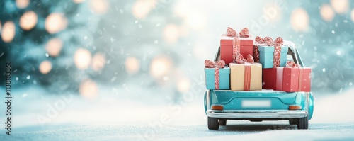 A festive car loaded with colorful gift boxes, set against a snowy landscape, creating a cheerful holiday atmosphere. photo