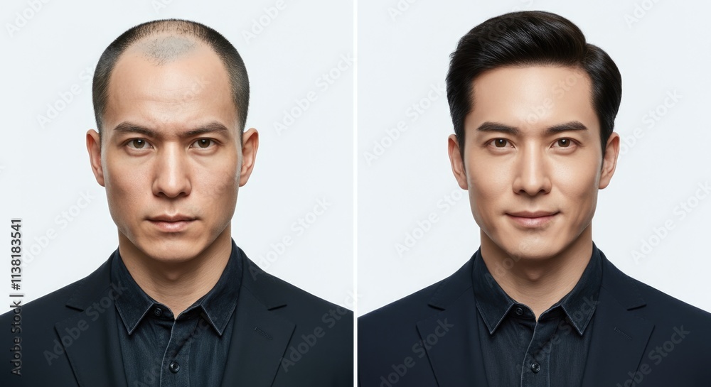 Bald and Hairstyle Comparison Portrait of a Serious Man Bald and Hairstyle Comparison Portrait of a Serious Man