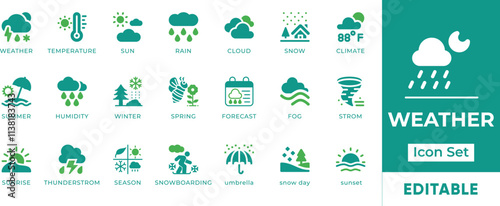Weather Icon Set. Features editable icons for weather symbols, climate, forecast, temperature, humidity, and more. Perfect for weather apps, meteorology websites, and environmental organizations.