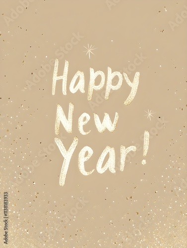 'Happy New Year!' Typography with Gold Sparkles on Khaki Background. Modern New Year Card Template