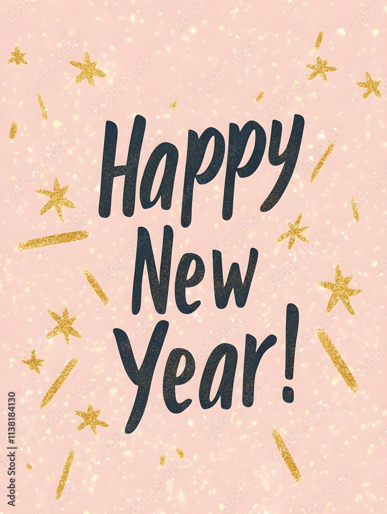 'Happy New Year!' Typography with Gold Sparkles on Light Pink Background. Modern New Year Card Template 'Happy New Year!' Typography with Gold Sparkles on Light Pink Background. Modern New Year Card Template