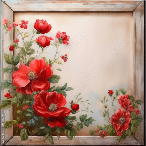 Ready to use social media post fantasy lovely romantic frames painting, surrounded by beautiful red flowers