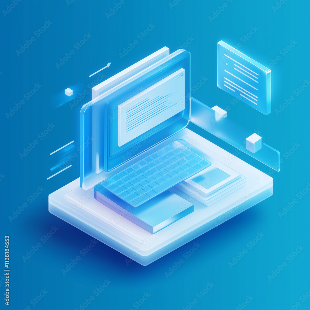 icon of a computer and documents on a blue background icon of a computer and documents on a blue background