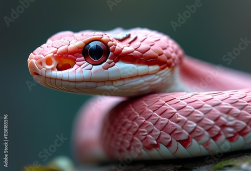 A close-up of a pink and white snake with striking black eyes photo