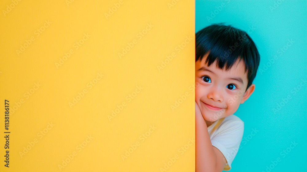 Young Boy Partially Hidden Behind Yellow and Teal Backgrounds Young Boy Partially Hidden Behind Yellow and Teal Backgrounds