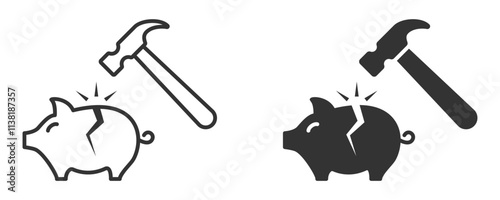 Broken piggy bank with hammer icon in outline and filled.