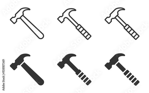 Set of hammer tool icons in outline and filled styles.