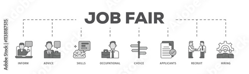 Job fair infographic icon flow process which consists of the information, advice, skills, occupational, applicants, recruit, and hiring icon live stroke and easy to edit .