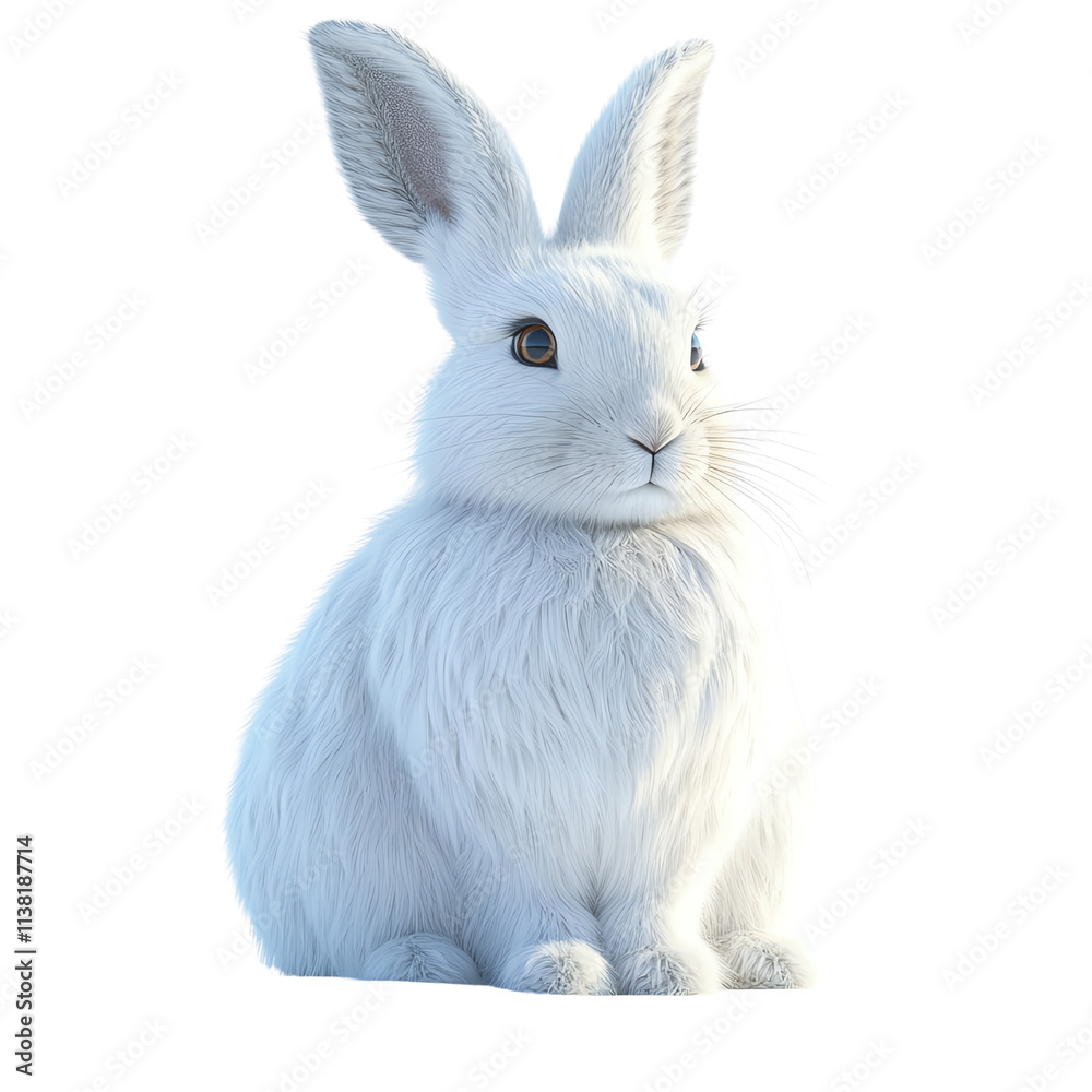 Cute white rabbit with big ears, transparent background.