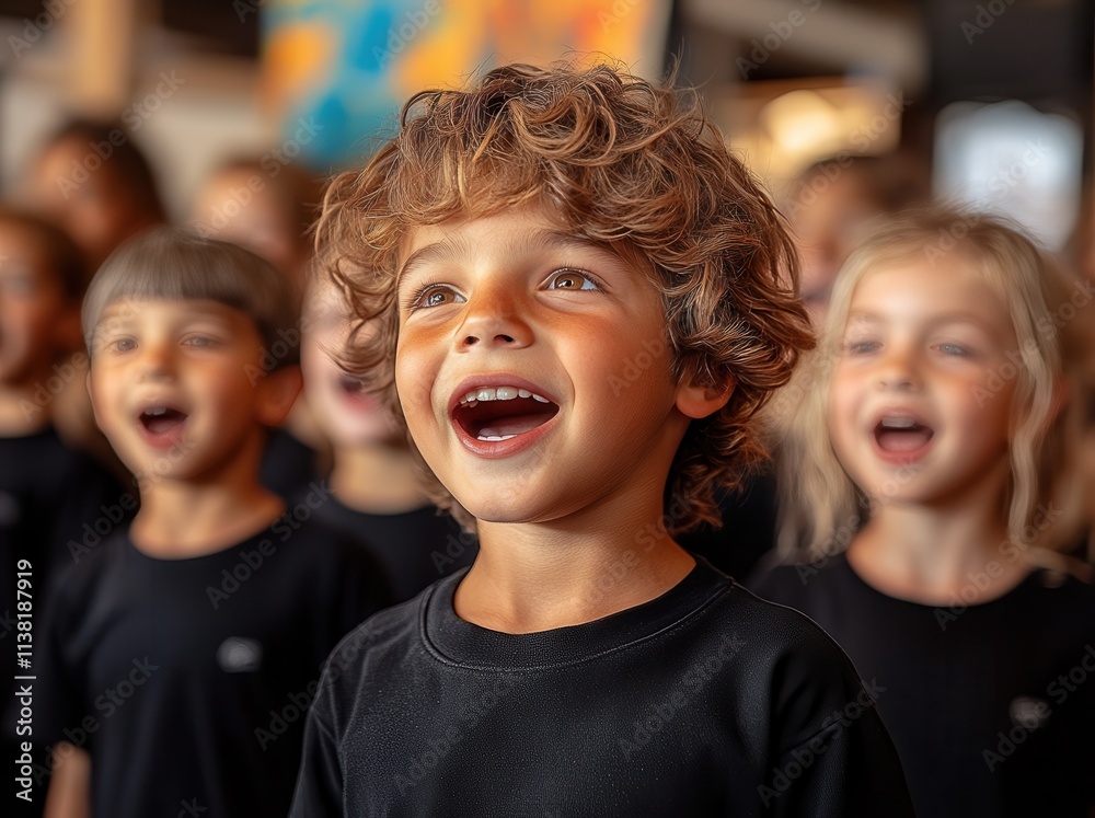 Group of joyful children singing together in a vibrant outdoor setting during a cultural event Group of joyful children singing together in a vibrant outdoor setting during a cultural event