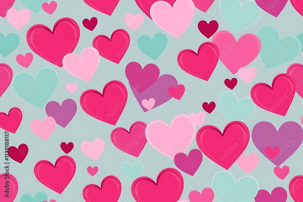 Seamless Pattern of Colorful Hearts: A charming and whimsical pattern featuring an array of hearts in vibrant pink, purple, and turquoise hues. The hearts are arranged in a random. Seamless Pattern of Colorful Hearts: A charming and whimsical pattern featuring an array of hearts in vibrant pink, purple, and turquoise hues. The hearts are arranged in a random.