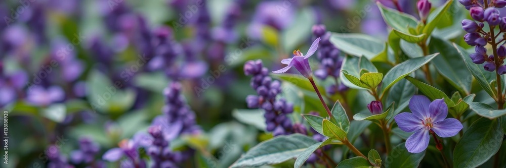 Vibrant purple flower petals and delicate green leaves in a serene garden setting, lush, purple, zen Vibrant purple flower petals and delicate green leaves in a serene garden setting, lush, purple, zen