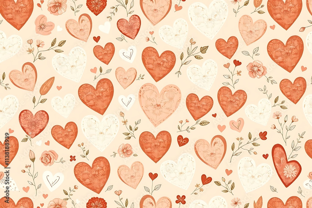 Heartfelt Floral Pattern: A charming seamless pattern featuring a delightful array of hearts in coral and peach hues, interspersed with delicate floral accents. Perfect for Valentine's Day, weddings. Heartfelt Floral Pattern: A charming seamless pattern featuring a delightful array of hearts in coral and peach hues, interspersed with delicate floral accents. Perfect for Valentine's Day, weddings.