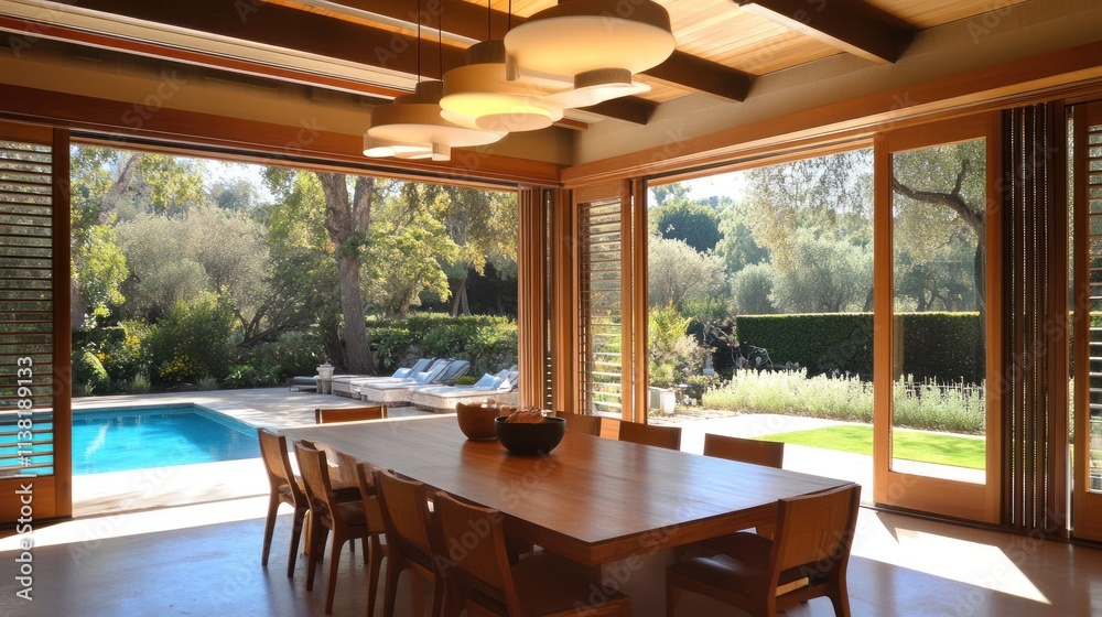 Fototapeta premium Sunlit dining room with pool view and sliding doors.