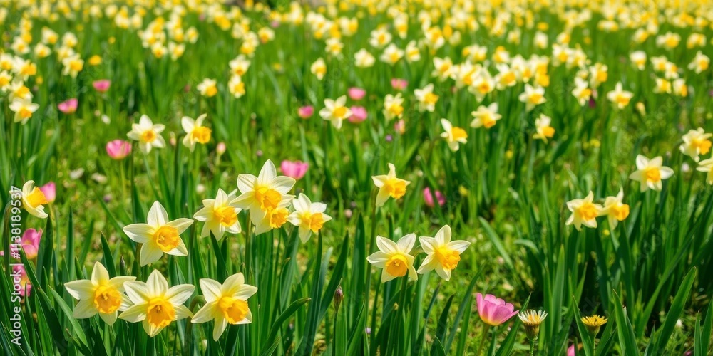 Vibrant yellow daffodil flowers swaying in a green field under the sun, petals, spring, field Vibrant yellow daffodil flowers swaying in a green field under the sun, petals, spring, field