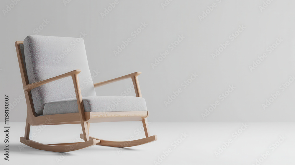 A luxury minimal rocking chair with a sleek wooden frame and light grey upholstery, photographed on a clean white background, perfect for modern interiors and understated sophistication in home decor. A luxury minimal rocking chair with a sleek wooden frame and light grey upholstery, photographed on a clean white background, perfect for modern interiors and understated sophistication in home decor.