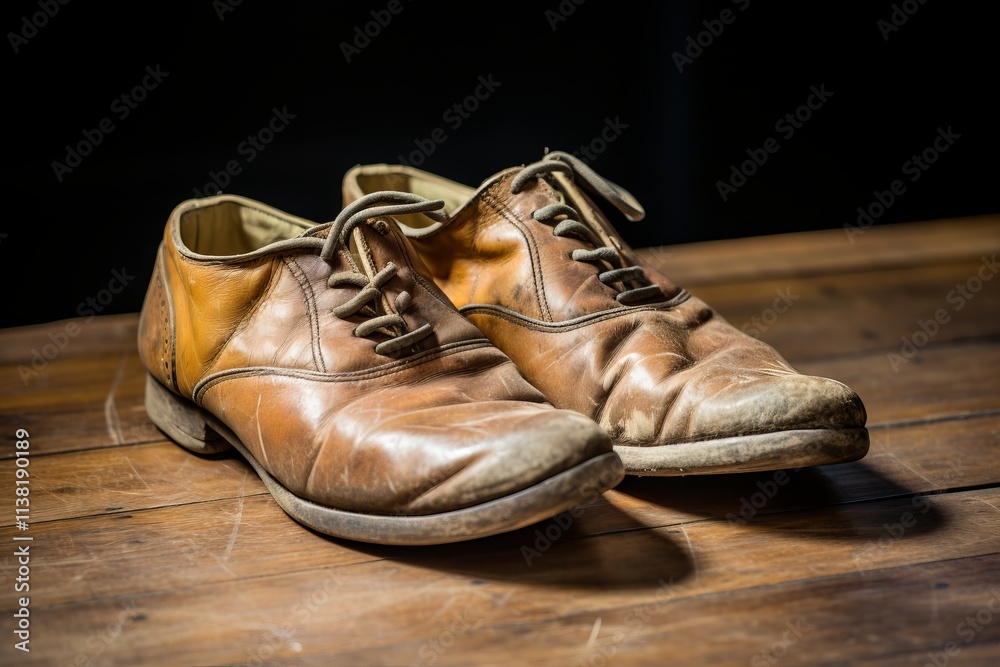 A Timeless Pair of Worn-Out Leather Shoes on a Wooden Floor. A Vintage Fashionable Still Life Photography A Timeless Pair of Worn-Out Leather Shoes on a Wooden Floor. A Vintage Fashionable Still Life Photography
