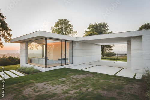 the exterior architecture of a modern minimalist house is seen from outside the house with a garage and a beautiful small garden. photo