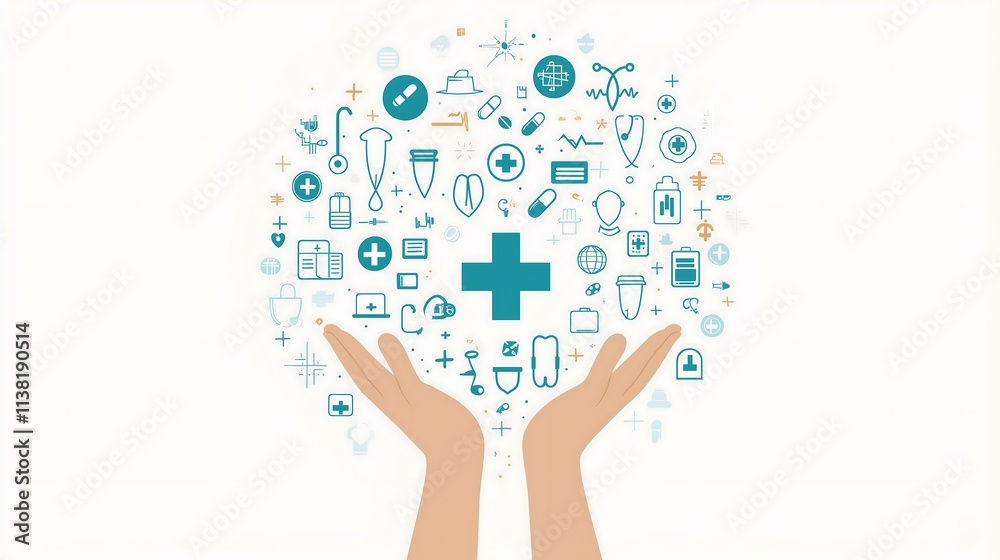 Harmonious Blend of Art and Medicine: A Spectrum of Medical Icons Embraced within Gently Outstretched Hands on a Soft Blue Canvas, アートと医学の調和した融合: 柔らかな青のキャンバスに穏やかに伸ばされた手の中で抱えられる医療アイコンのスペクトラム.Generative Harmonious Blend of Art and Medicine: A Spectrum of Medical Icons Embraced within Gently Outstretched Hands on a Soft Blue Canvas, アートと医学の調和した融合: 柔らかな青のキャンバスに穏やかに伸ばされた手の中で抱えられる医療アイコンのスペクトラム.Generative