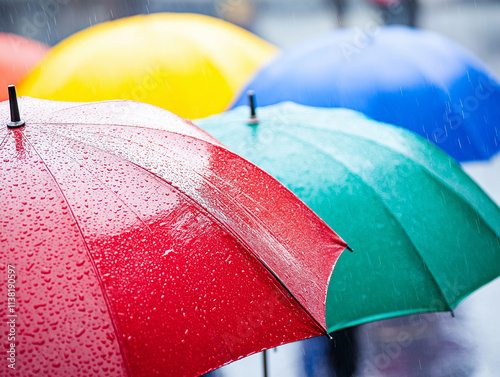 red, green, blue and yellow wet umbrellas covered with waterdrops, small depth of field photo