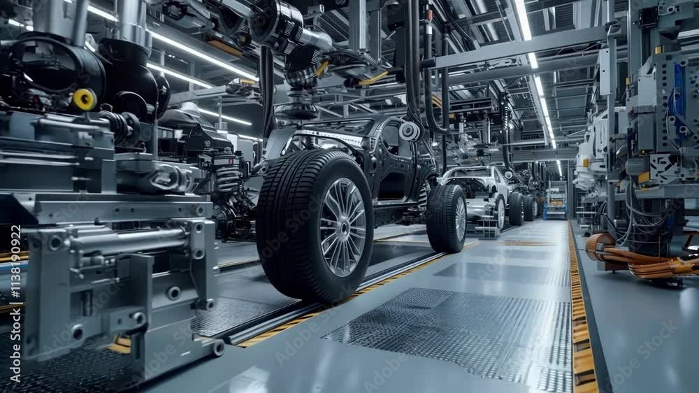 Robotic arms install components on car chassis along a modern, clean assembly line. The factory showcases advanced automation and innovative technology in automotive manufacturing