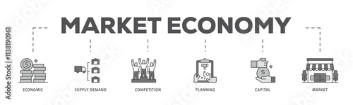 Market economy infographic icon flow process which consists of economic, supply demand, competition, planning, capital, market icon live stroke and easy to edit .