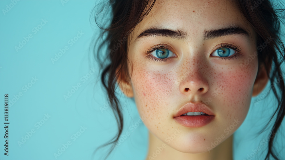 Fototapeta premium Banner with copy space, Asian teenager with problematic skin, cosmetology, woman acne, dermatology treatment