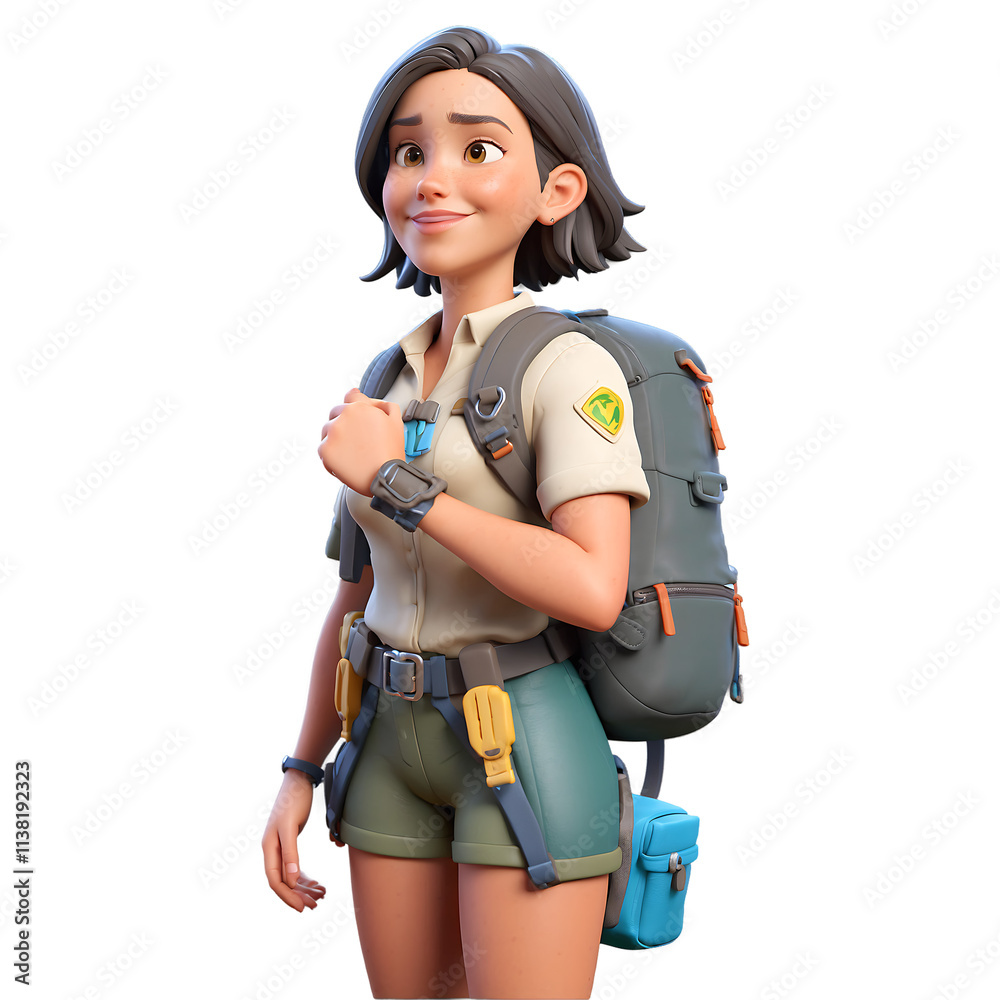 Adventurous Female Ranger: 3D Render of a Smiling Cartoon Hiker. Transparent Background.