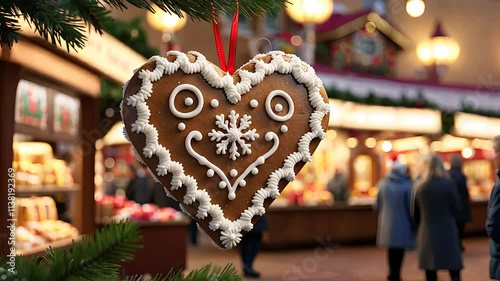 Decorative Heart-Shaped Gingerbread Cookie with Icing at Festive Christmas Market in Evening

 photo