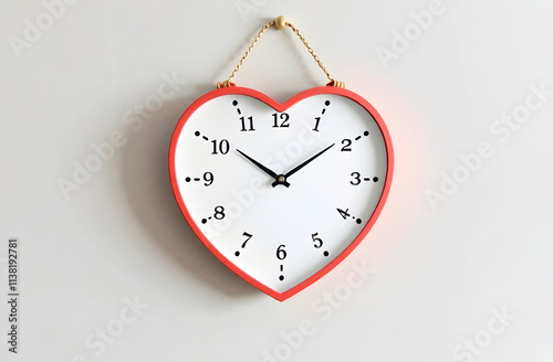 Heart-shaped wall clock with red border and minimalist design hanging on a plain white background, perfect for romantic or Valentine-themed decor content. Selective focus photo