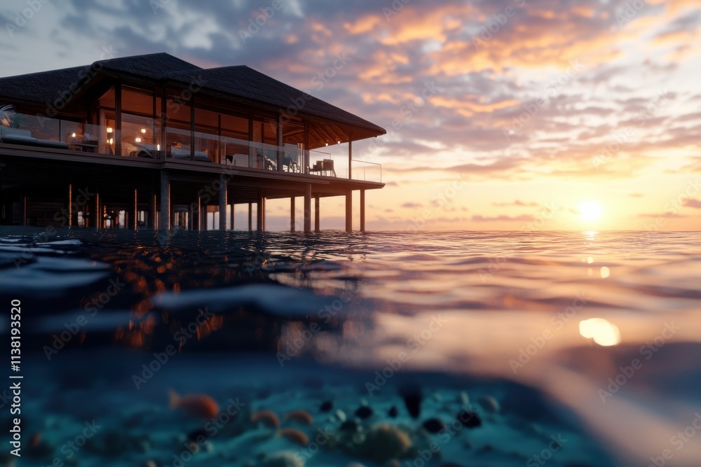 A stunning water villa at sunset, surrounded by calm waters, reflecting warm hues and showcasing a perfect blend of luxury and nature's beauty in tranquil serenity. A stunning water villa at sunset, surrounded by calm waters, reflecting warm hues and showcasing a perfect blend of luxury and nature's beauty in tranquil serenity.