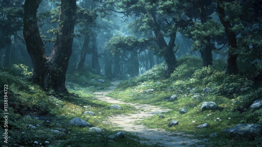 Forest path,winding,trees,rocks,calm. Forest path,winding,trees,rocks,calm.