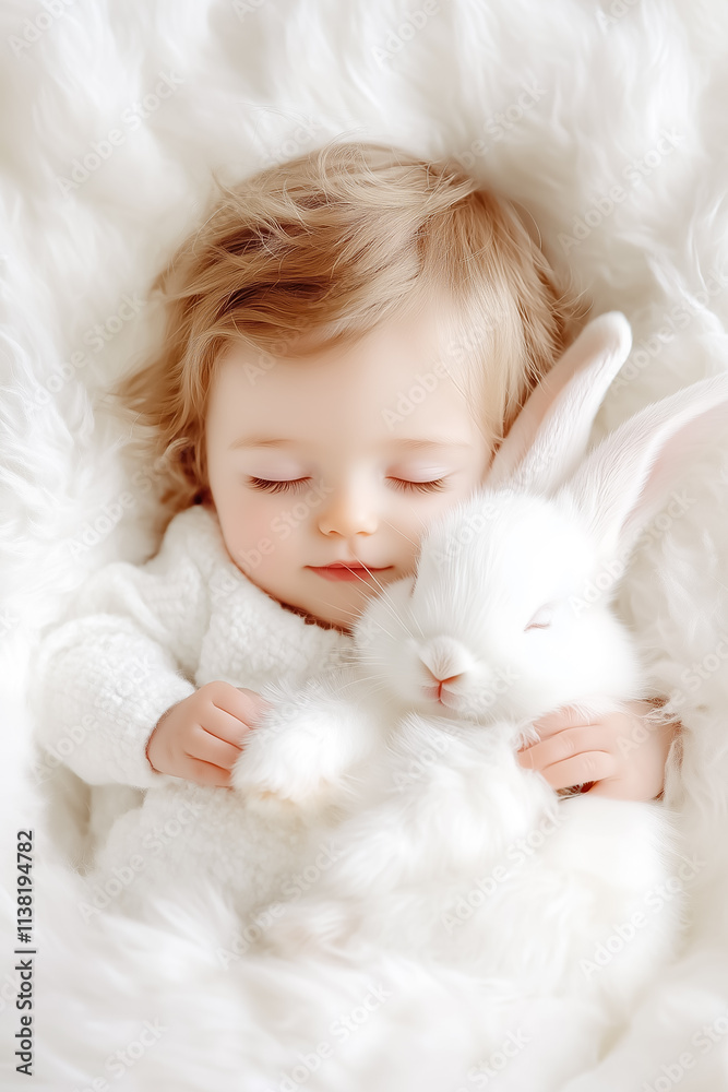 A young child peacefully sleeps while cradling a soft, white rabbit, surrounded by a warm, fluffy blanket