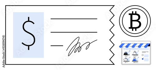 Business transaction check with dollar sign, bitcoin symbol, digital store interface. Ideal for finance, digital transactions, e-commerce, cryptocurrency, payment methods online shopping. Line